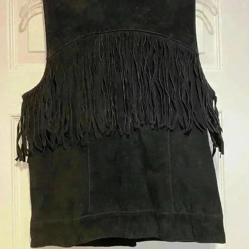 Womens Leather Fringe Vest Black Zipper Lined Western small great condition - Picture 2 of 10